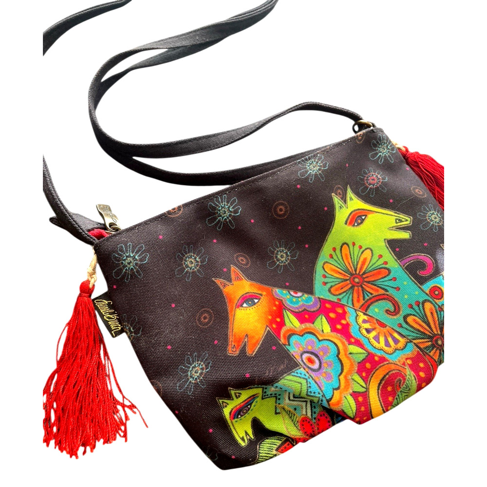 LAUREL BURCH “Canine Cat Clan” Black Multicolor Canvas Crossbody Bag Tassels NEW